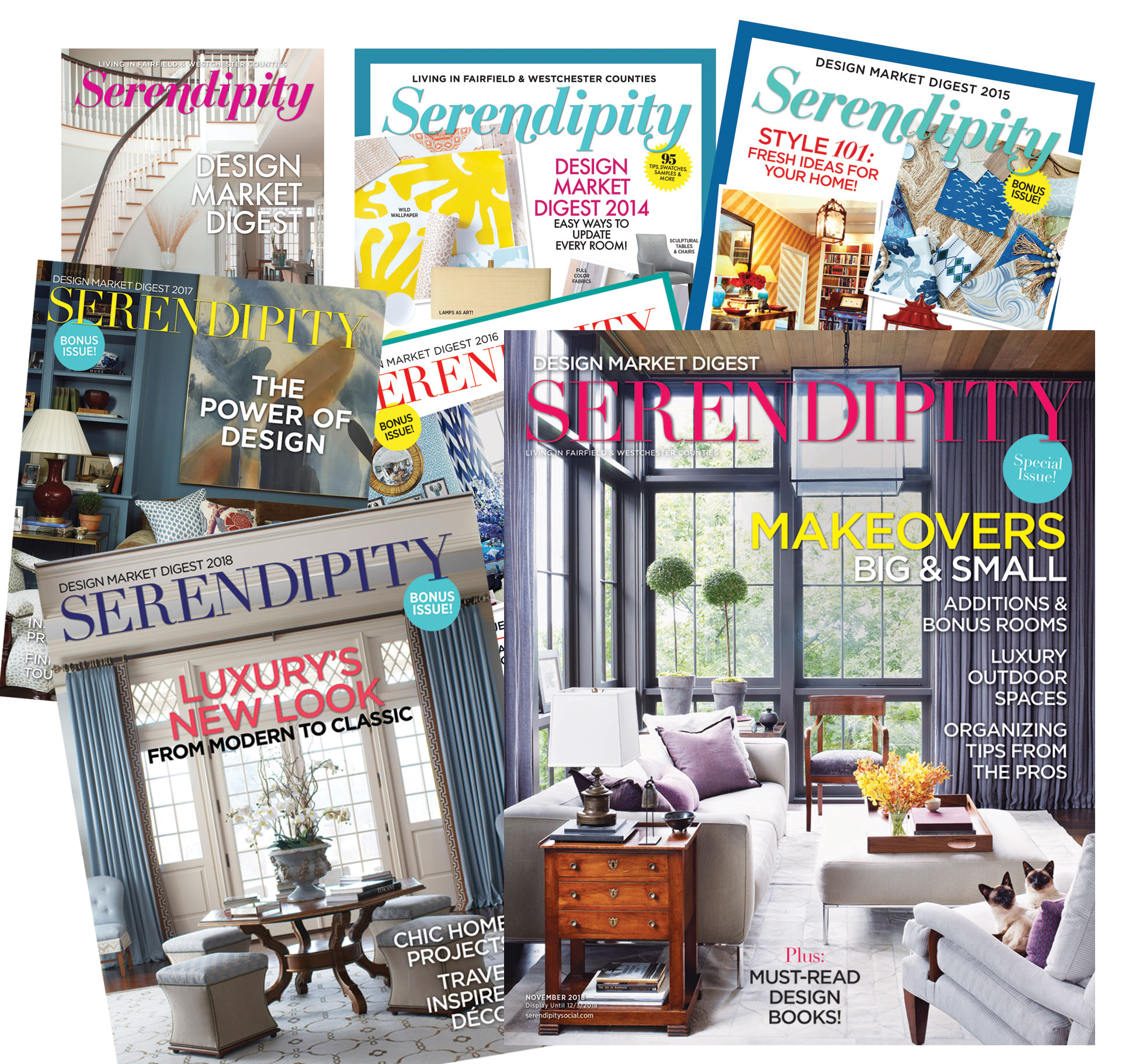 A mixture of every Design Market Digest issue cover, one on top of the other