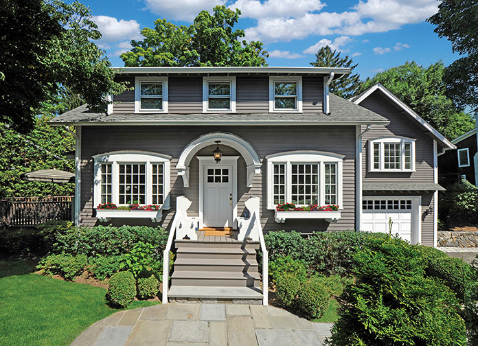 The exterior view of a gray home
